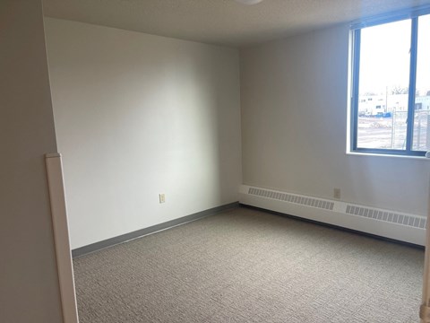 A room with a window and a radiator on the wall.