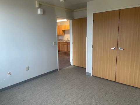 A room with a white wall and a wooden door.