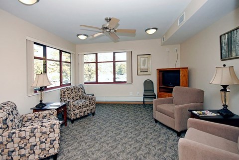 A living room with a fan, two chairs, a couch, a table, and a television.