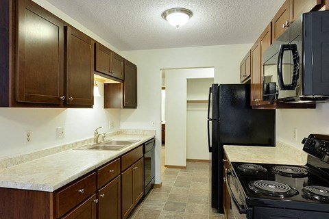 A kitchen with a black refrigerator and wooden cabinets.