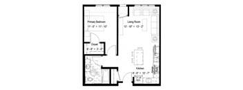 A floor plan of a small apartment with a primary bedroom, living room, kitchen, and closet.