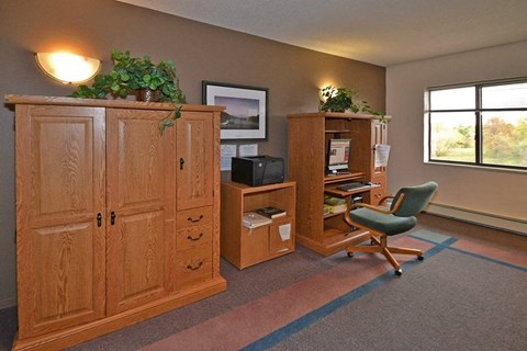 A room with a wooden cabinet, a chair, and a small plant on top of the cabinet.
