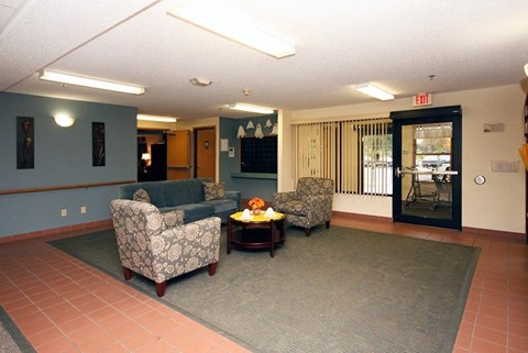 A living room with a grey rug and two chairs.