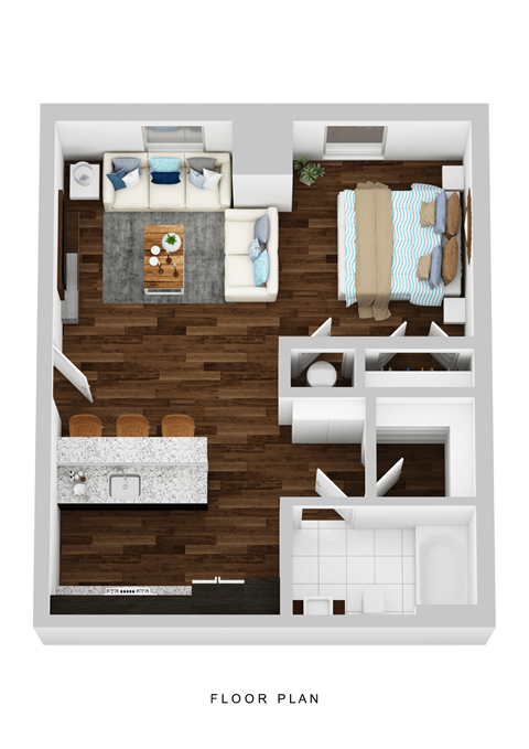 A floor plan of a small apartment with a kitchen, living room, and bathroom.