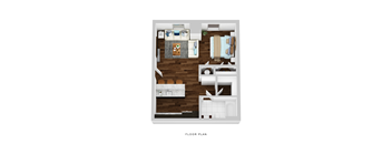 A floor plan of a house with a living room, dining room, kitchen, and bathroom.