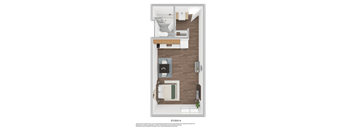 A studio apartment layout with a kitchen, living room, and bathroom.
