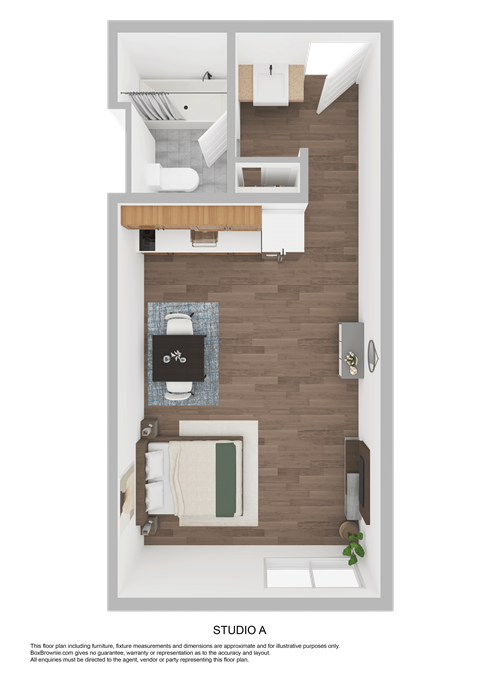 A studio apartment layout with a kitchen, living room, and bathroom.