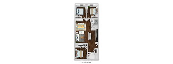 A floor plan of a house with a kitchen, living room, dining room, and two bedrooms.