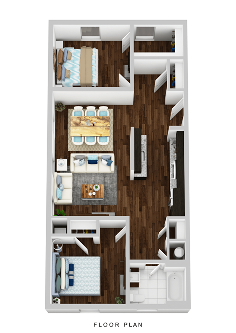 A floor plan of a house with a living room, dining room, kitchen, and two bedrooms.