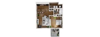A floor plan of a house with a kitchen, living room, and two bathrooms.