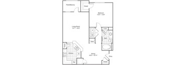 A floor plan of a home with a living room, dining room, kitchen, and bathroom.