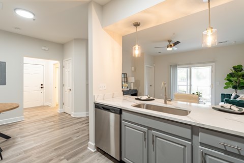A modern kitchen with a stainless steel dishwasher and a white countertop.