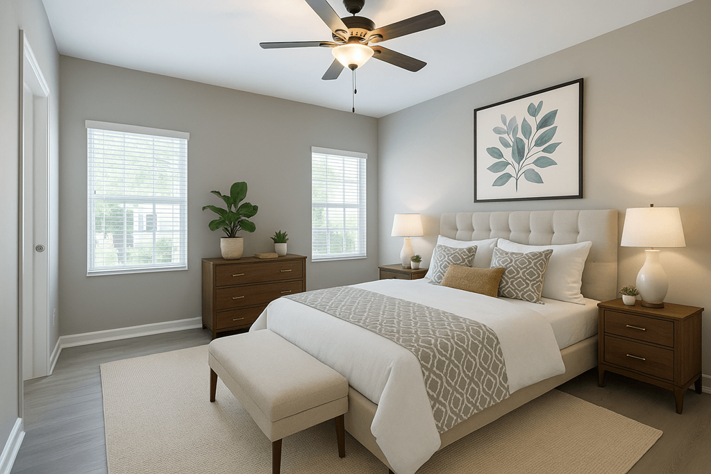 A bedroom with a large bed, a ceiling fan, and a window with a plant on the windowsill  at Club Villas Apartments, Kathleen, GA, 31047