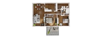 A top-down view of a small apartment layout with a kitchen, living room, and bathroom.
