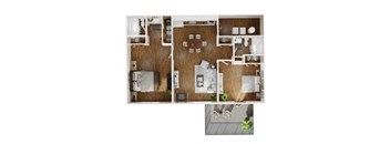 A top-down view of a small apartment layout with a kitchen, living room, and bathroom.