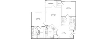 A floor plan of a house with a living room, two bedrooms, a patio, a pantry, a kitchen, a bathroom, a dining area, a linen closet, a desk, and an entry closet