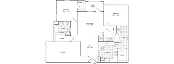 A floor plan of a house with a living room, dining room, kitchen, two bedrooms, a bath, a linen closet, a pantry, and a garage.