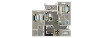 A 3D floor plan of a house with a kitchen, living room, dining room, and bathrooms.
