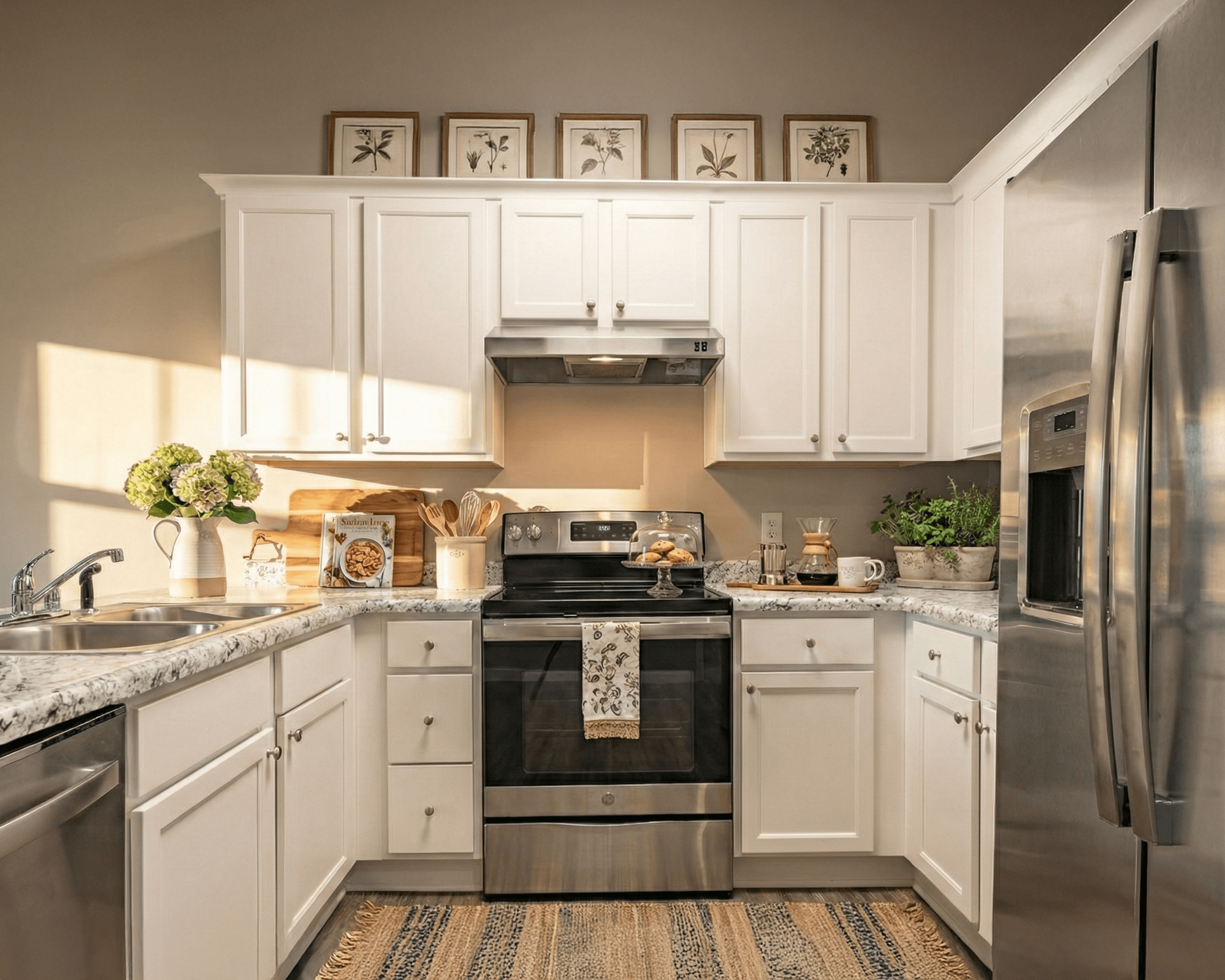 A kitchen with white cabinets and a stainless steel refrigerator.