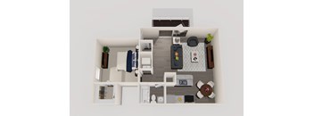 A top-down view of a small, neatly organized apartment with a kitchen, living room, and bathroom.