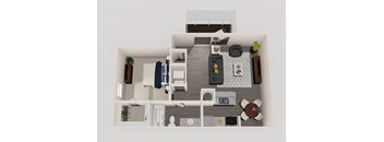 A top-down view of a small apartment with a kitchen, living room, and bedroom.