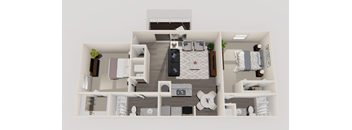 A top-down view of a modern, minimalist apartment layout.