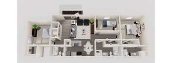 A top down view of a house interior with a kitchen, living room, and bedrooms.
