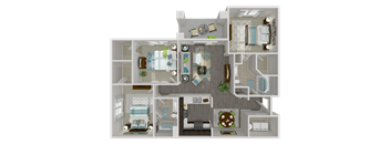 A detailed 3D floor plan of a house layout.