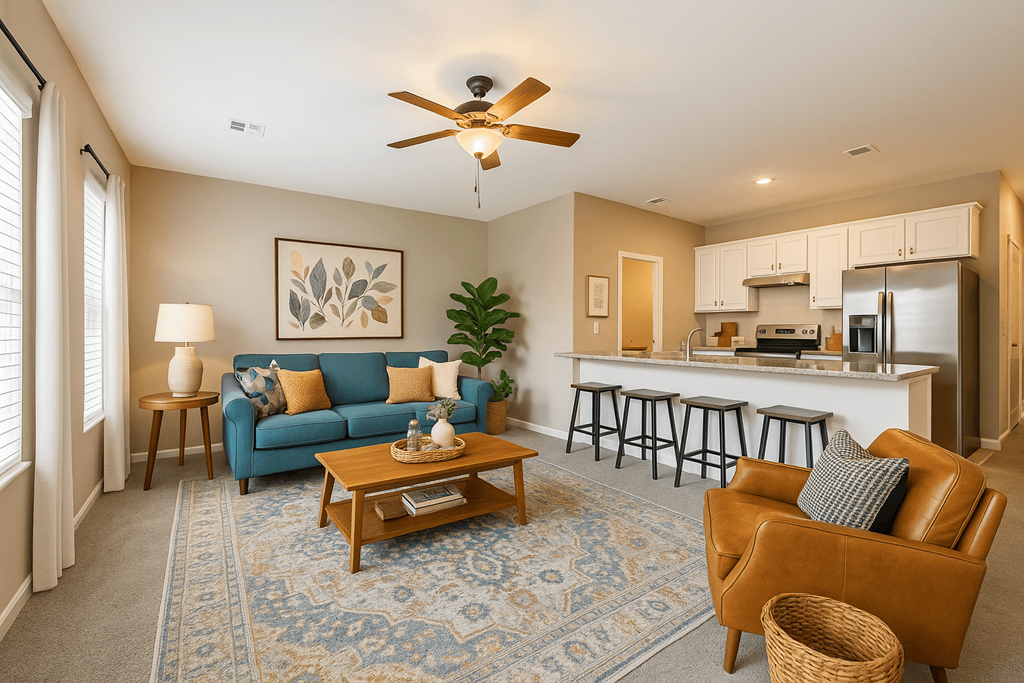A living room with a blue couch and a brown armchair.