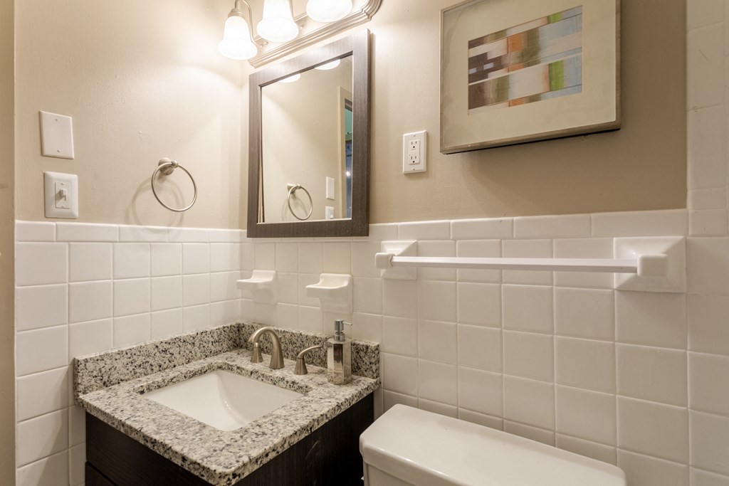 a bathroom with a sink and a mirror and a toilet at 500 Fifth Apartments, Nashville, TN, 37219