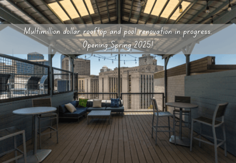 A renovated rooftop patio with a view of the city at 500 Fifth Apartments, Nashville, Tennessee