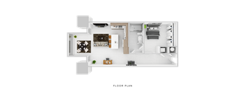 A floor plan of a small apartment with a living room, kitchen, and bedroom.