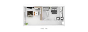 A floor plan of a small apartment with a kitchen, living room, and bedroom.