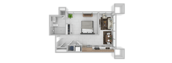 A white floor plan of a small apartment with a kitchen, living room, and bathroom.