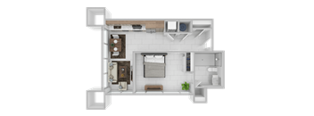 A 3D floor plan of a small apartment with a kitchen, living room, and bathroom.