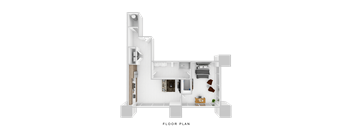 A white floor plan of a house with furniture and appliances.