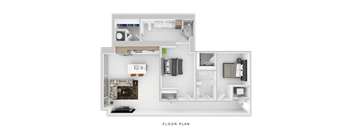 A floor plan of a house with a kitchen, living room, and bathroom.
