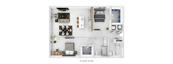 A floor plan of a small apartment with a kitchen, living room, and bedrooms.
