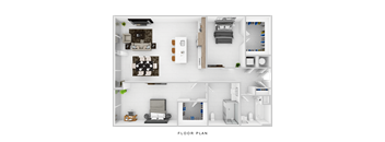 A floor plan of a small apartment with a living room, kitchen, and bedroom.