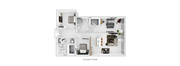 A floor plan of a small apartment with a kitchen, living room, and bedrooms.