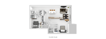 A floor plan of a small apartment with a kitchen, living room, and bedrooms.