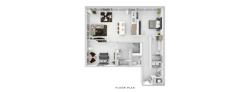 A floor plan of a small apartment with a kitchen, living room, and bedrooms.