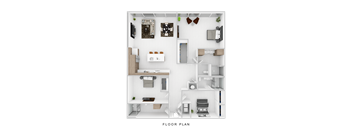 A floor plan of a small apartment with a kitchen, living room, and bedrooms.