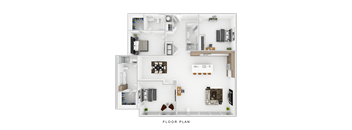 A floor plan of a house with a kitchen, living room, and two bedrooms.