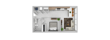 A 3D rendered image of a modern bedroom with a bed, nightstand, and a wall-mounted shelf.