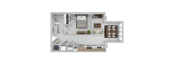 A 3D floor plan of a small apartment with a kitchen, living room, and bathroom.