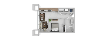 A 3D floor plan of a small apartment with a kitchen, living room, and bathroom.