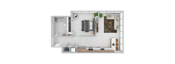A top-down view of a small apartment layout with a kitchen, living room, and bathroom.