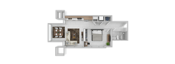 A 3D rendered image of a modern apartment layout.
