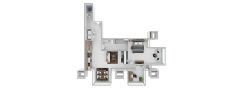 A 3D rendered image of a house layout.